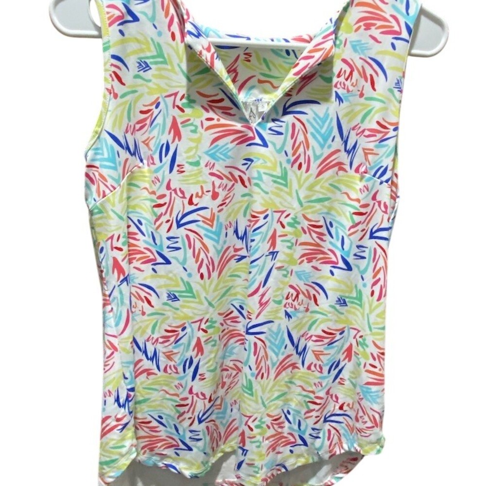 Lulu B Tank Top Womens M Multicolor Palm Leaf Print Collared V-Neck Golf